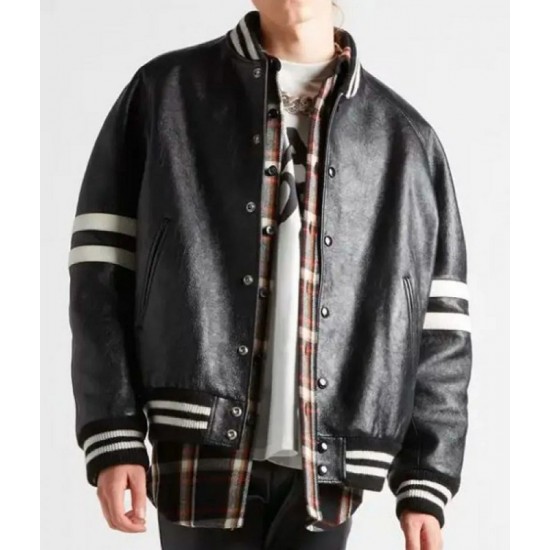 Men’s Homme Striped Black Leather Bomber Jacket Men’s Homme Striped Black Leather Bomber Jacket