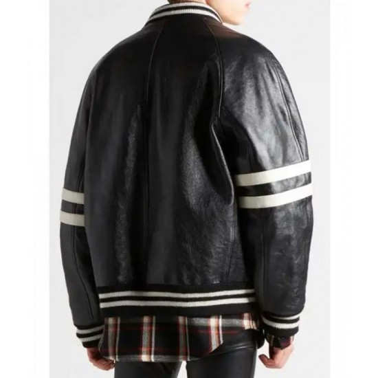 Men’s Homme Striped Black Leather Bomber Jacket Men’s Homme Striped Black Leather Bomber Jacket
