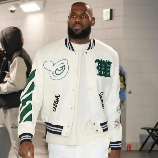 Men’s Lebron James Off-White Letterman Varsity Jacket Men’s Lebron James Off-White Letterman Varsity Jacket