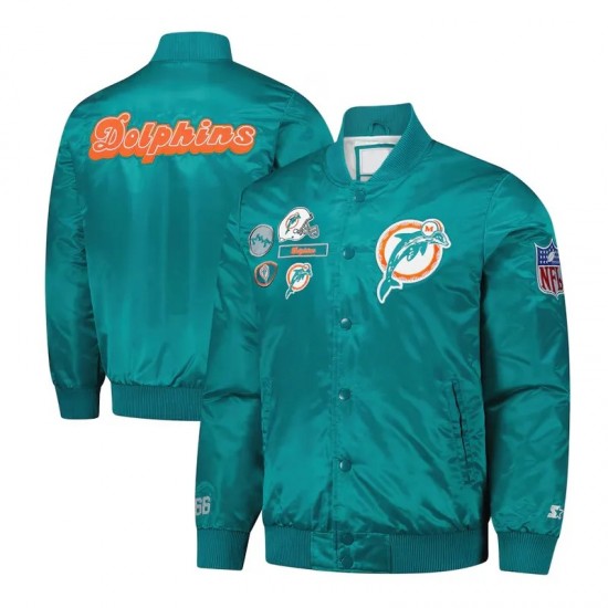 Miami Dolphins Aqua Varsity Satin Jacket Miami Dolphins Aqua Varsity Satin Jacket