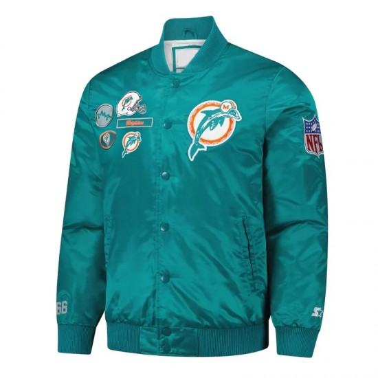 Miami Dolphins Aqua Varsity Satin Jacket Miami Dolphins Aqua Varsity Satin Jacket