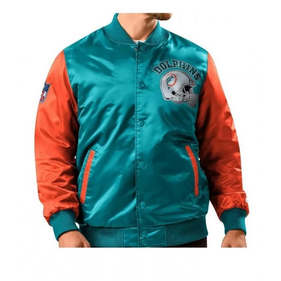 Miami Dolphins Locker Room Throwback Satin Varsity Jacket Miami Dolphins Locker Room Throwback Satin Varsity Jacket