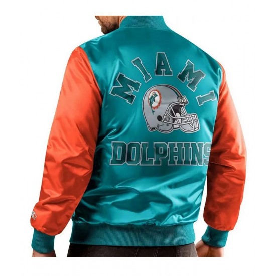 Miami Dolphins Locker Room Throwback Satin Varsity Jacket Miami Dolphins Locker Room Throwback Satin Varsity Jacket