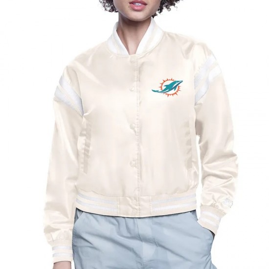 Miami Dolphins Printed Logo Varsity Satin Jacket Miami Dolphins Printed Logo Varsity Satin Jacket