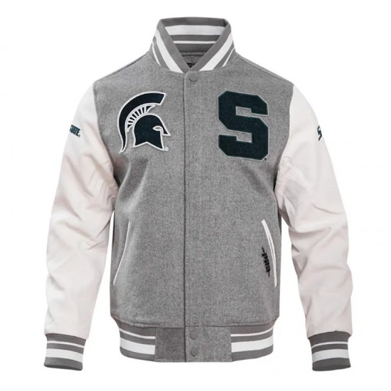 Michigan State University Heather Grey and White Varsity Jacket Michigan State University Heather Grey and White Varsity Jacket