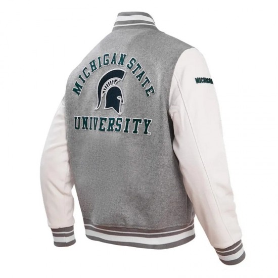 Michigan State University Heather Grey and White Varsity Jacket Michigan State University Heather Grey and White Varsity Jacket