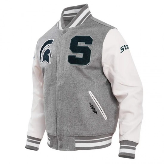 Michigan State University Heather Grey and White Varsity Jacket Michigan State University Heather Grey and White Varsity Jacket