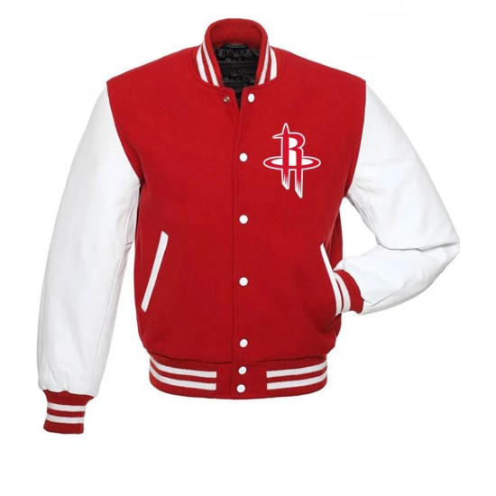 NBA Houston Rockets Letterman Red and White Jacket NBA Houston Rockets Letterman Red and White Jacket