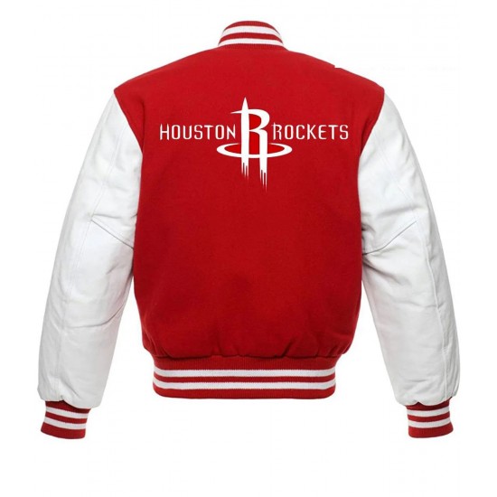 NBA Houston Rockets Letterman Red and White Jacket NBA Houston Rockets Letterman Red and White Jacket