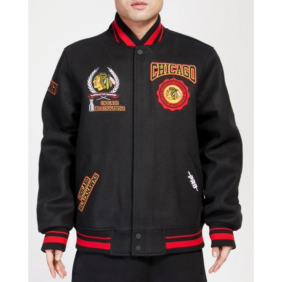 NHL Chicago BlackHawks Crest Emblem Rib Varsity Jacket NHL Chicago BlackHawks Crest Emblem Rib Varsity Jacket