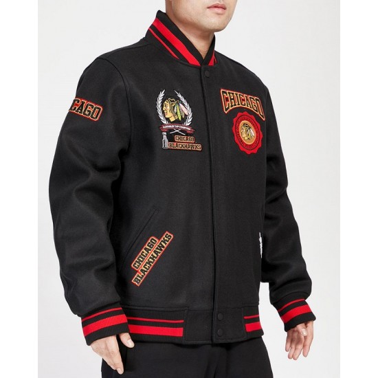 NHL Chicago BlackHawks Crest Emblem Rib Varsity Jacket NHL Chicago BlackHawks Crest Emblem Rib Varsity Jacket