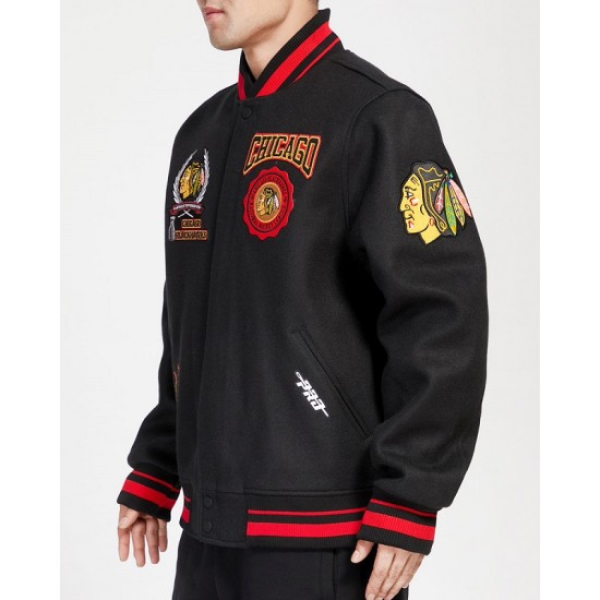 NHL Chicago BlackHawks Crest Emblem Rib Varsity Jacket NHL Chicago BlackHawks Crest Emblem Rib Varsity Jacket