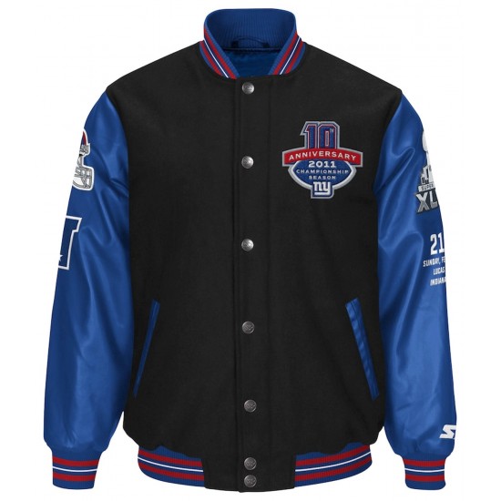 NY Giants Super Bowl XLVI Black and Blue Varsity Jacket NY Giants Super Bowl XLVI Black and Blue Varsity Jacket