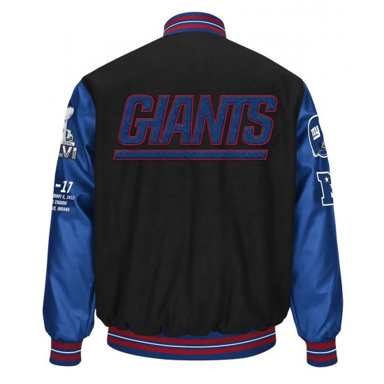 NY Giants Super Bowl XLVI Black and Blue Varsity Jacket NY Giants Super Bowl XLVI Black and Blue Varsity Jacket