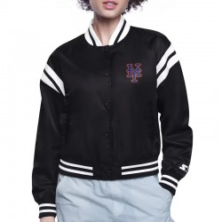 NY Mets Printed Logo Black Varsity Satin Jacket