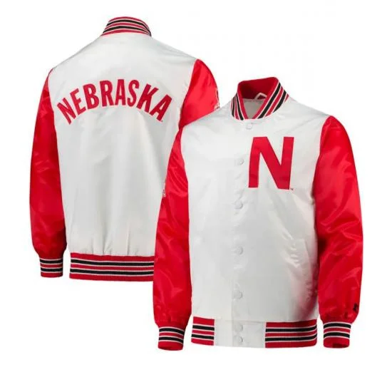 Nebraska Huskers Starter Red and White Varsity Satin Jacket
