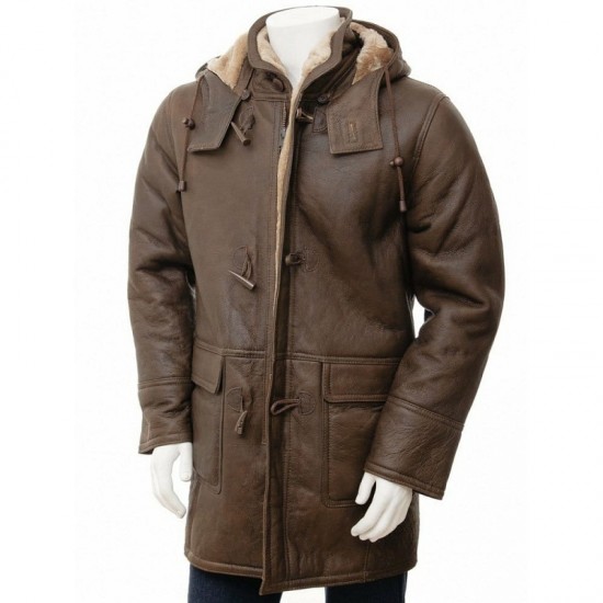 New Mens Sheepskin Duffle Coat Fur Hood Natural Shearling Fur Long Hooded Coat New Mens Sheepskin Duffle Coat Fur Hood Natural Shearling Fur Long Hooded Coat