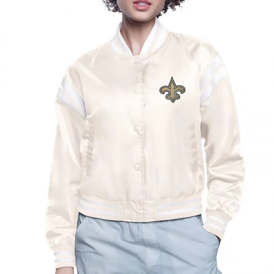 New Orleans Saints Printed Logo Varsity Satin Jacket New Orleans Saints Printed Logo Varsity Satin Jacket