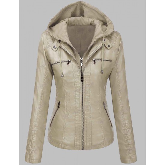New Women's Removable Hoodie Leather Jacket