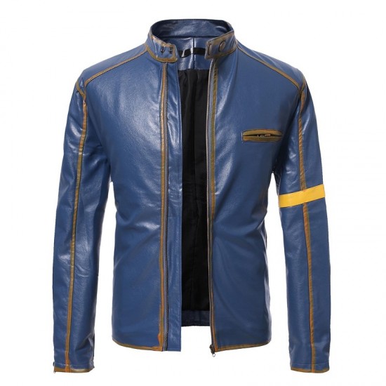 Old Splice Stand Collar Leather Blue Jacket Old Splice Stand Collar Leather Blue Jacket