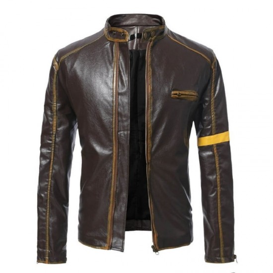 Old Splice Stand Collar Leather Brown Jacket Old Splice Stand Collar Leather Brown Jacket