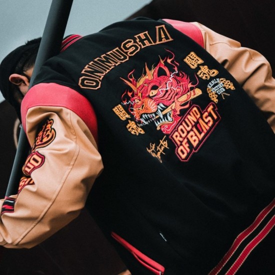 Onimusha Round Of Blast Black Varsity Jacket Onimusha Round Of Blast Black Varsity Jacket