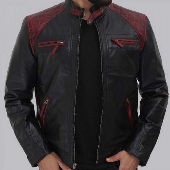 Rollins Mens Black and Maroon Cafe Leather Jacket Rollins Mens Black and Maroon Cafe Leather Jacket