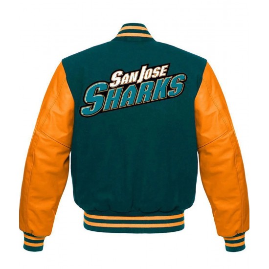 San Jose Sharks Letterman Green and Orange Jacket San Jose Sharks Letterman Green and Orange Jacket