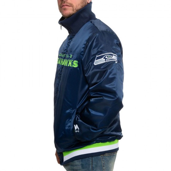 Seattle Seahawks Neon Embroidery Varsity Navy Satin Jacket
