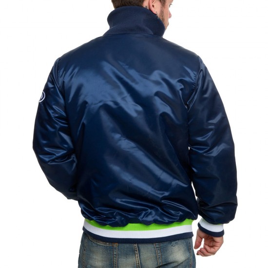 Seattle Seahawks Neon Embroidery Varsity Navy Satin Jacket