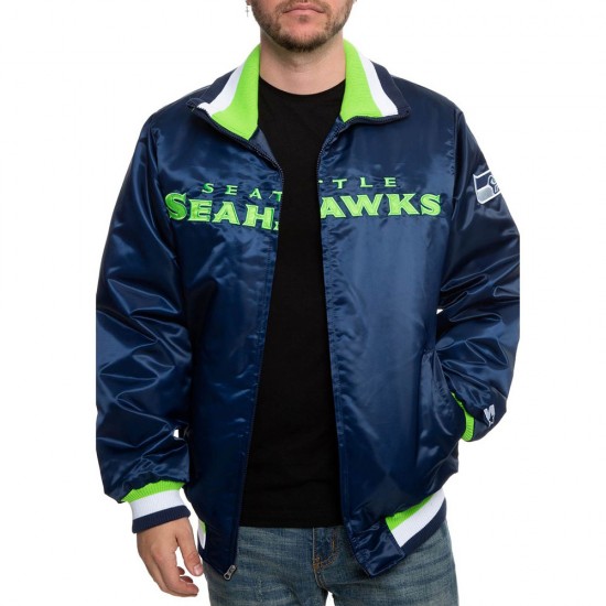 Seattle Seahawks Neon Embroidery Varsity Navy Satin Jacket