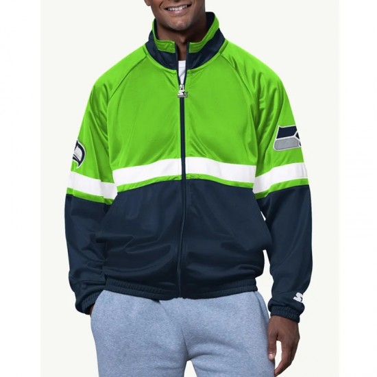 Seattle Seahawks Veteran Navy and Neon Green Track Jacket