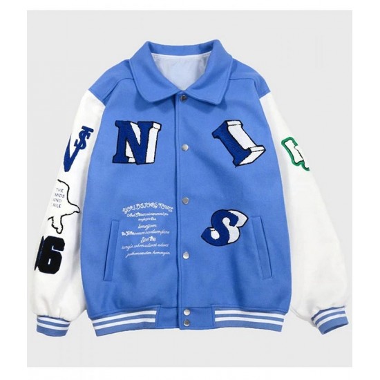 Skeleton Flocking Hip Hop Blue Letterman Jacket Skeleton Flocking Hip Hop Blue Letterman Jacket