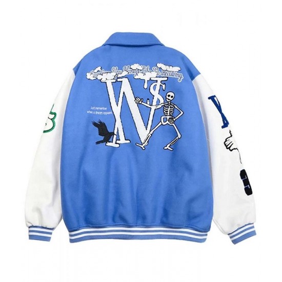 Skeleton Flocking Hip Hop Blue Letterman Jacket Skeleton Flocking Hip Hop Blue Letterman Jacket