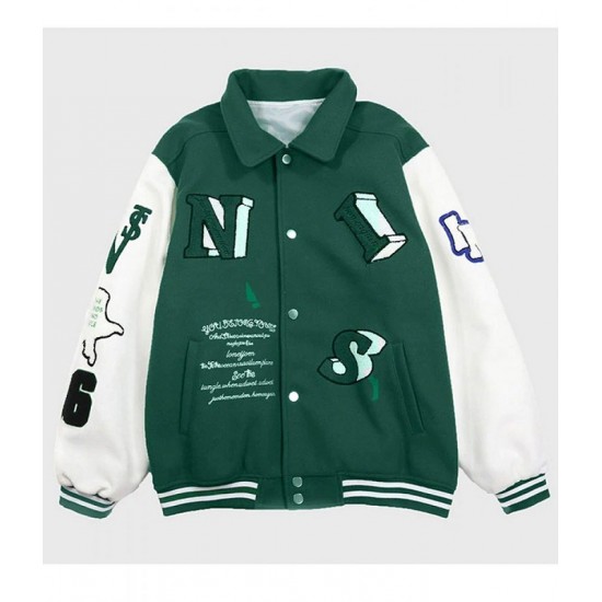 Skeleton Flocking Hip Hop Green Letterman Jacket Skeleton Flocking Hip Hop Green Letterman Jacket