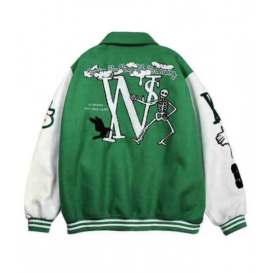 Skeleton Flocking Hip Hop Green Letterman Jacket Skeleton Flocking Hip Hop Green Letterman Jacket