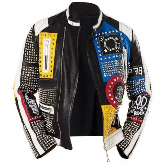 Spike Motorcycle Punk Rock World Studded Retro Multicolor Leather Jacket