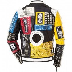 Spike Motorcycle Punk Rock World Studded Retro Multicolor Leather Jacket