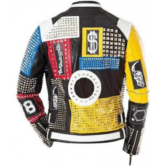 Spike Motorcycle Punk Rock World Studded Retro Multicolor Leather Jacket