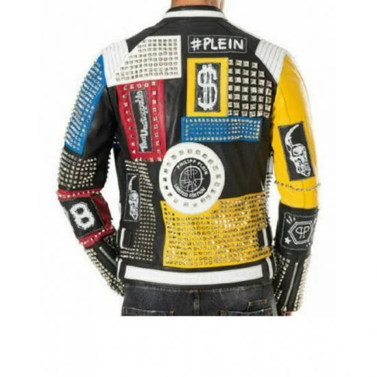 Spike Motorcycle Punk Rock World Studded Retro Multicolor Leather Jacket