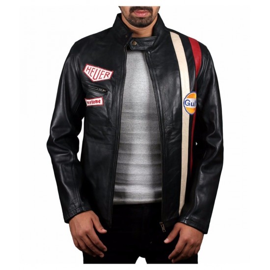 Steve McQueen Le Mans Driver Grandprix Gulf Black Leather Jacket Steve McQueen Le Mans Driver Grandprix Gulf Black Leather Jacket