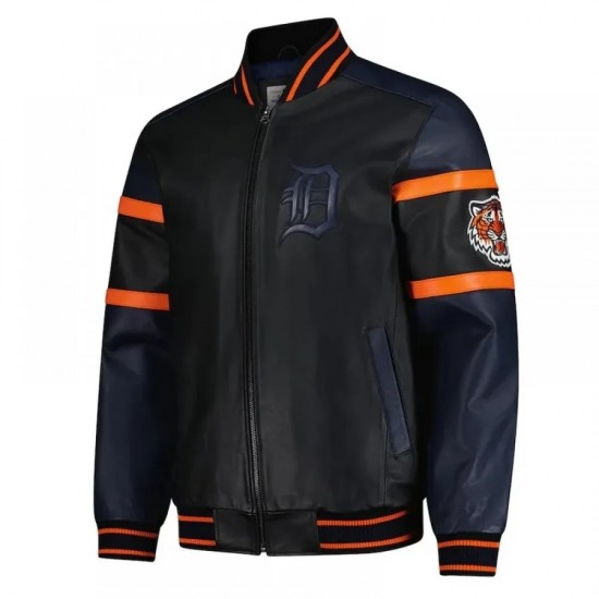 Striped Detroit Tigers Varsity Black & Navy Leather Jacket Striped Detroit Tigers Varsity Black & Navy Leather Jacket