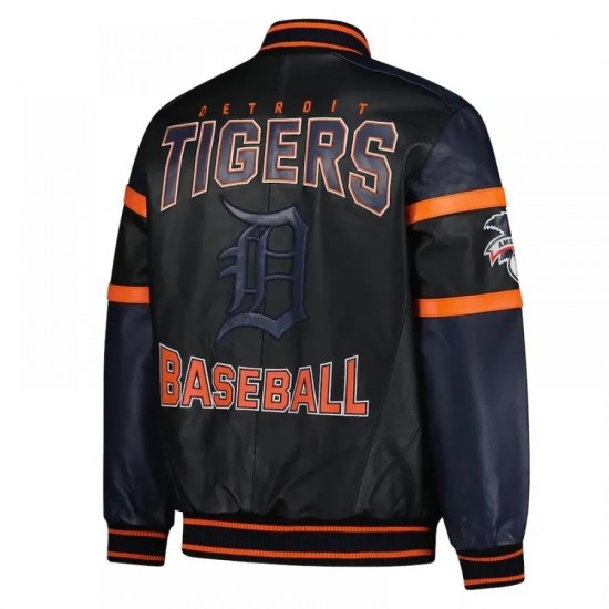 Striped Detroit Tigers Varsity Black & Navy Leather Jacket Striped Detroit Tigers Varsity Black & Navy Leather Jacket