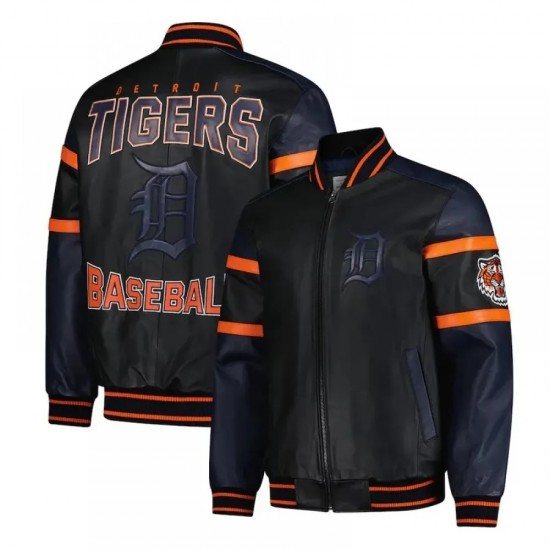 Striped Detroit Tigers Varsity Black & Navy Leather Jacket Striped Detroit Tigers Varsity Black & Navy Leather Jacket