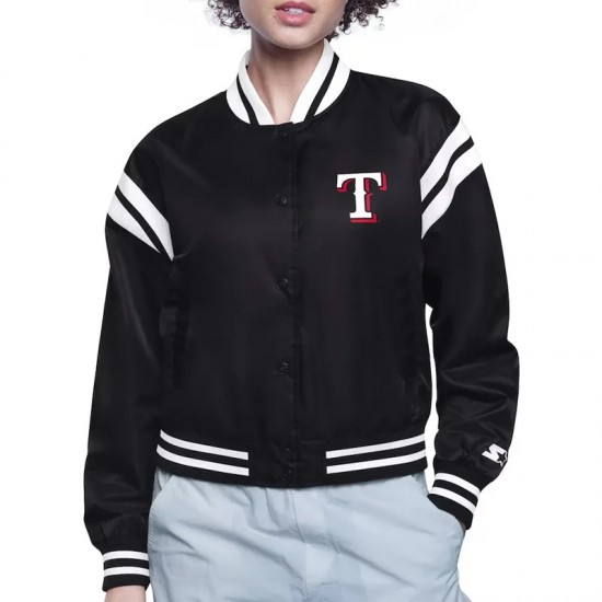 Texas Rangers Printed Logo Varsity Satin Jacket Texas Rangers Printed Logo Varsity Satin Jacket