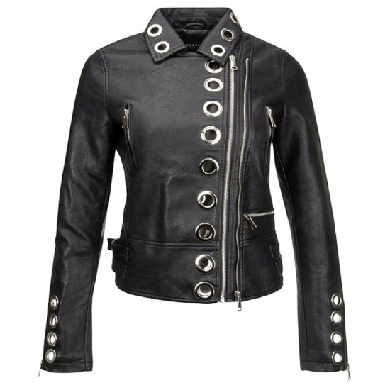 Unique Design Womens Real Black Leather Eyelet Moto Biker Jacket Unique Design Womens Real Black Leather Eyelet Moto Biker Jacket
