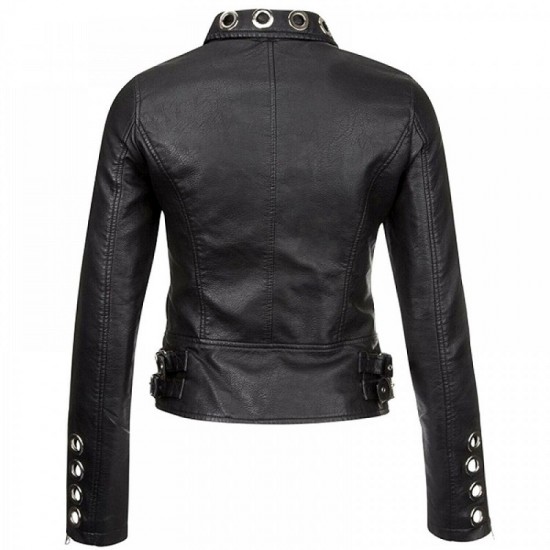 Unique Design Womens Real Black Leather Eyelet Moto Biker Jacket Unique Design Womens Real Black Leather Eyelet Moto Biker Jacket