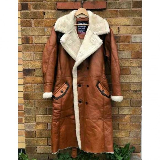 Winter Long Coat Real Sheepskin Leather Fur Vintage Brown Overcoat Winter Long Coat Real Sheepskin Leather Fur Vintage Brown Overcoat