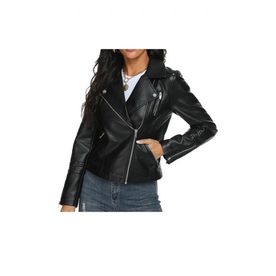 Women Faux Leather Moto Biker Motocycle Jacket