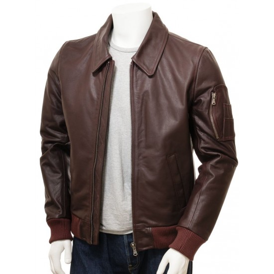Men's Dark Brown & Red Leather Bomber Jacket Men's Dark Brown & Red Leather Bomber Jacket